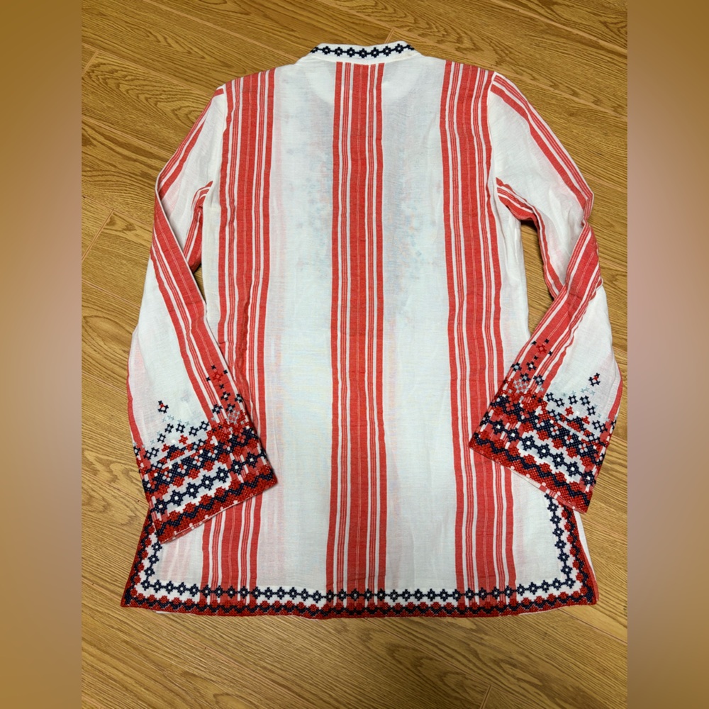 Tory Burch Red White Embroidered Boho Tunic Top Size 4 - Picture 5 of 6